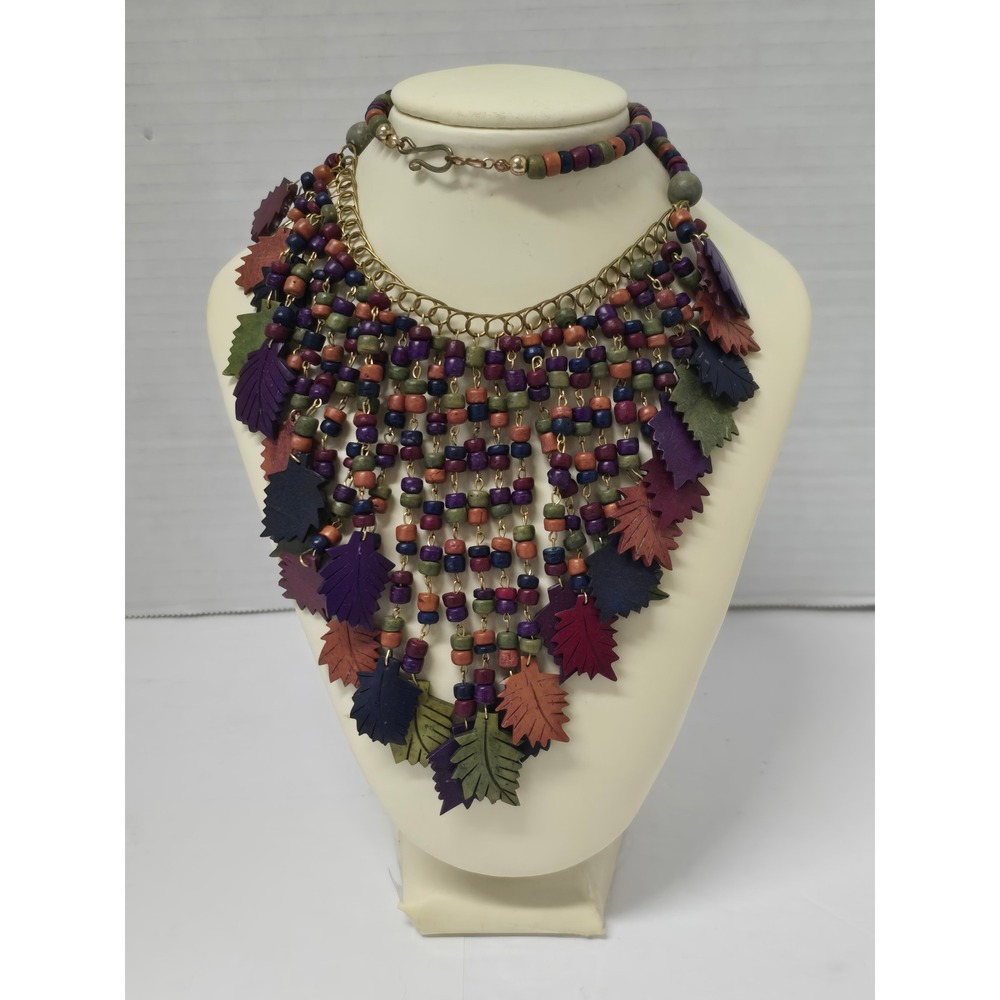 Vintage Autumnal Whimsie Wooden Bead & Leaf Multi Strand Bib Statement Necklace